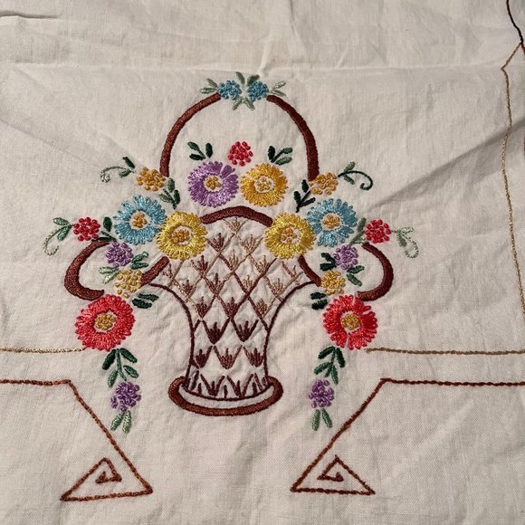 Vintage Hand Embroidered Table Runner Basket of Flowers Design - Picture 3 of 9